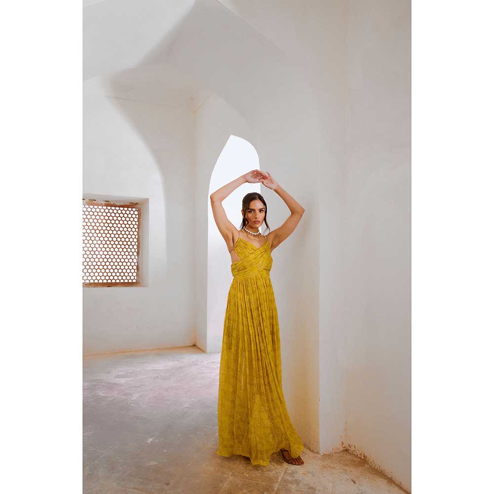 PALLAVI JAIPUR Gulbahar Lemon Green Jugnu Bandeau Bodice Maxi Dress