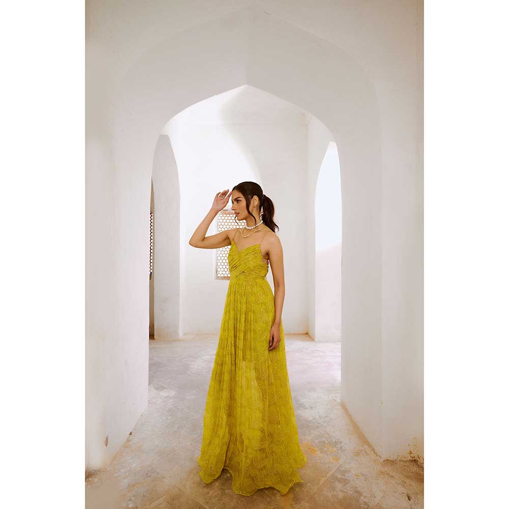 PALLAVI JAIPUR Gulbahar Lemon Green Jugnu Bandeau Bodice Maxi Dress