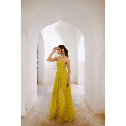 PALLAVI JAIPUR Gulbahar Lemon Green Jugnu Bandeau Bodice Maxi Dress