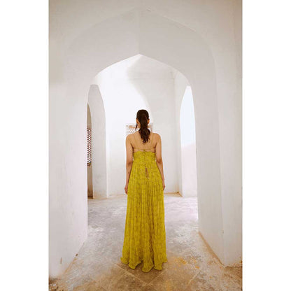 PALLAVI JAIPUR Gulbahar Lemon Green Jugnu Bandeau Bodice Maxi Dress