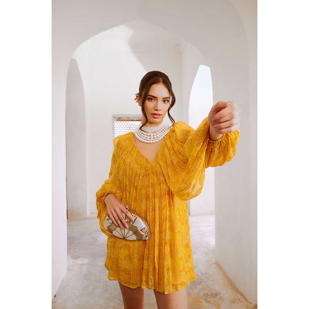 PALLAVI JAIPUR Gulbahar Marigold Mustard Jugnu Mini Dress