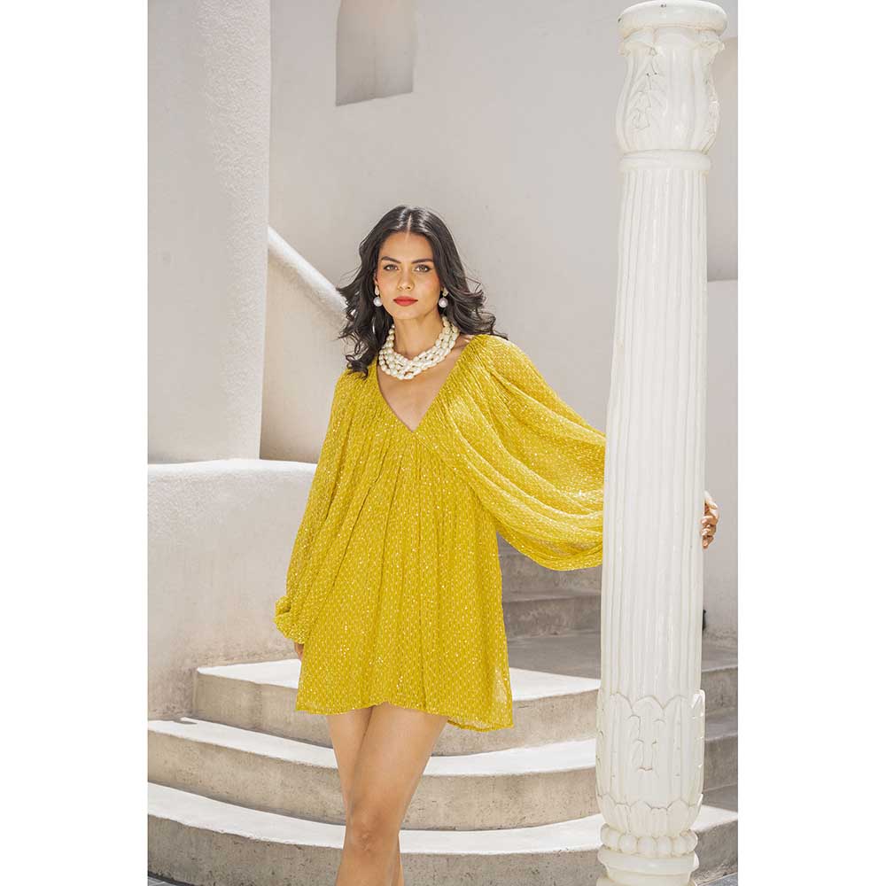 PALLAVI JAIPUR Gulbahar Lemon Yellow Jugnu Embellished Mini Dress