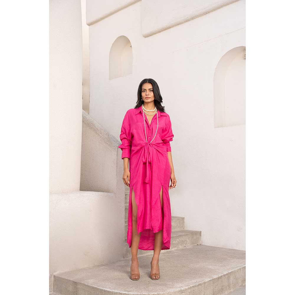 PALLAVI JAIPUR Gulbahar Hot Pink Tie-Up Shirt Dress