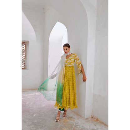 PALLAVI JAIPUR Lemon Green Bahara Anarkali Kurta With Pant & Dupatta (Set of 3)