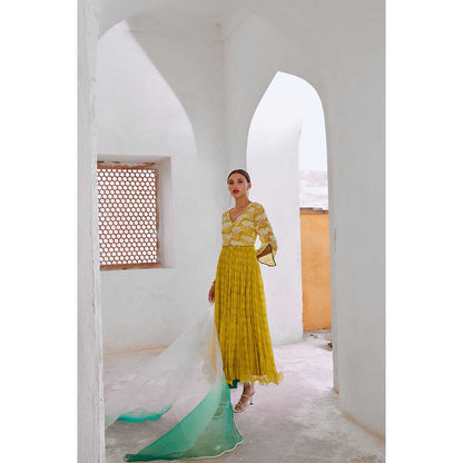 PALLAVI JAIPUR Lemon Green Bahara Anarkali Kurta With Pant & Dupatta (Set of 3)
