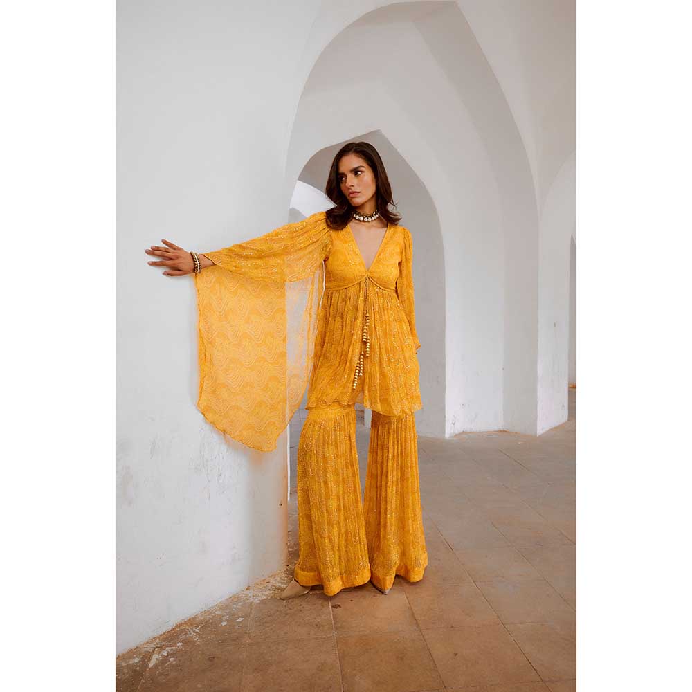 PALLAVI JAIPUR Gulbahar Marigold Yellow The Jugnu Winged Kurta & Sharara (Set of 2)