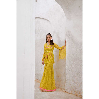 PALLAVI JAIPUR Gulbahar Lemon Green Guldasta Kurta With Jugnu Sharara & Belt (Set of 3)
