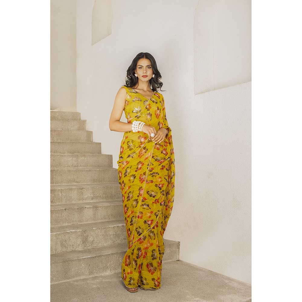 PALLAVI JAIPUR Gulbahar Bumblebee Green Saree With Sitara Stitched Blouse