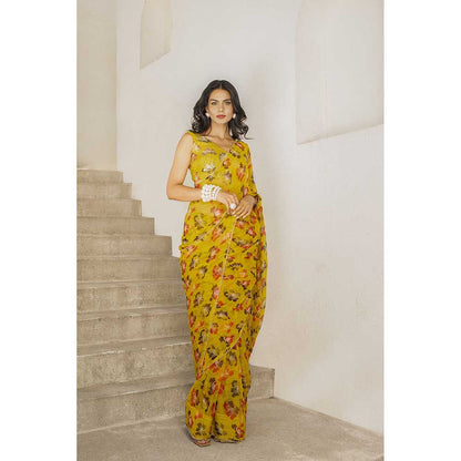 PALLAVI JAIPUR Gulbahar Bumblebee Green Saree With Sitara Stitched Blouse