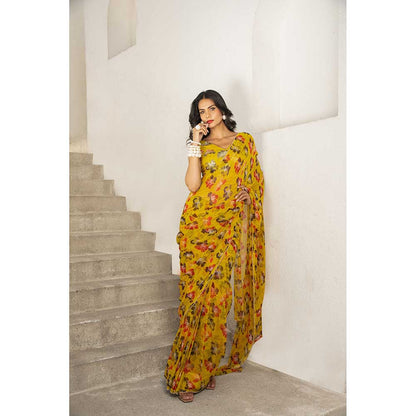 PALLAVI JAIPUR Gulbahar Bumblebee Green Saree With Sitara Stitched Blouse