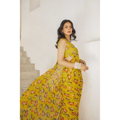 PALLAVI JAIPUR Gulbahar Bumblebee Green Saree With Sitara Stitched Blouse