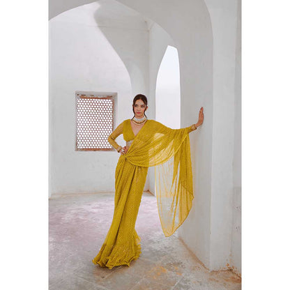 PALLAVI JAIPUR Lemon Green Gulnasheen Jugnu Drape Saree With Stitched Blouse