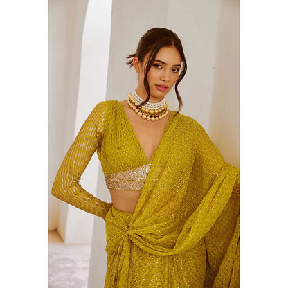 PALLAVI JAIPUR Lemon Green Gulnasheen Jugnu Drape Saree With Stitched Blouse