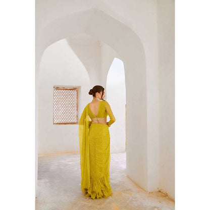 PALLAVI JAIPUR Lemon Green Gulnasheen Jugnu Drape Saree With Stitched Blouse