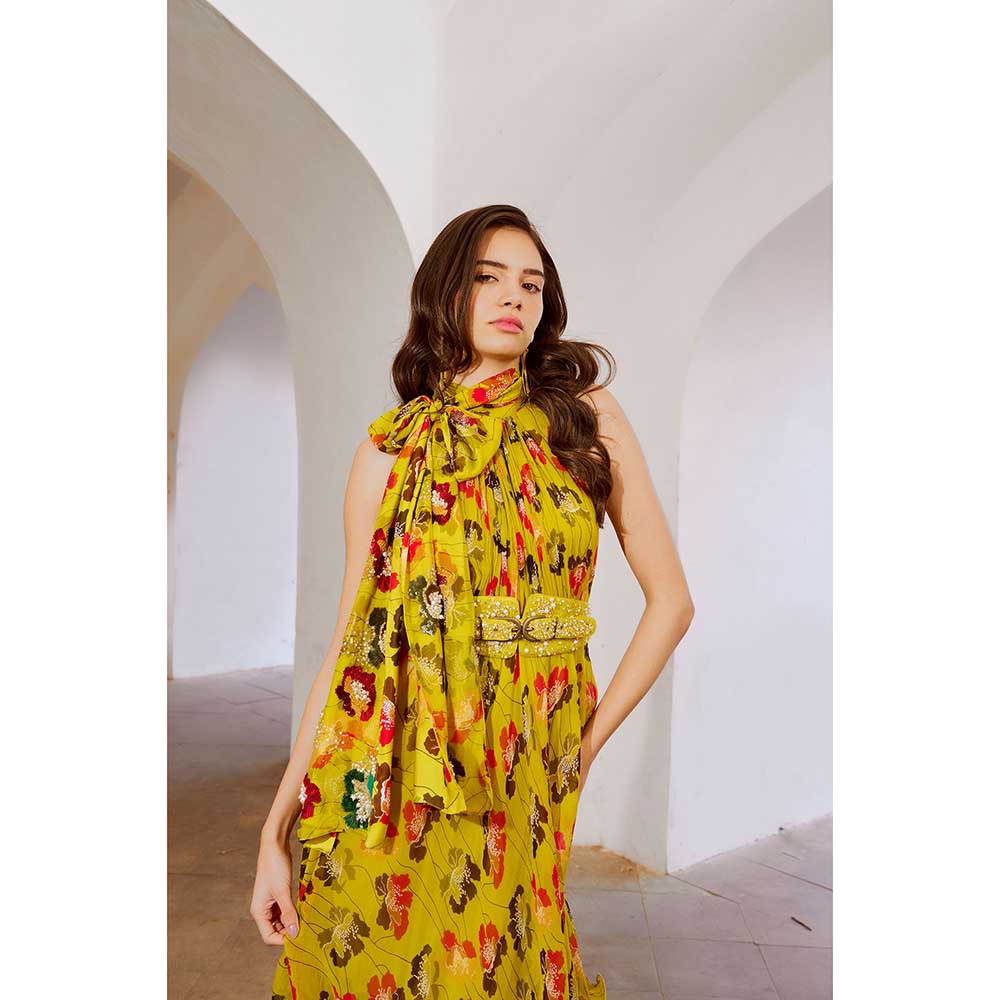 PALLAVI JAIPUR Gulbahar Bumble Bee Green Halter Maxi Dress With Separate Bow & Belt (Set of 3)