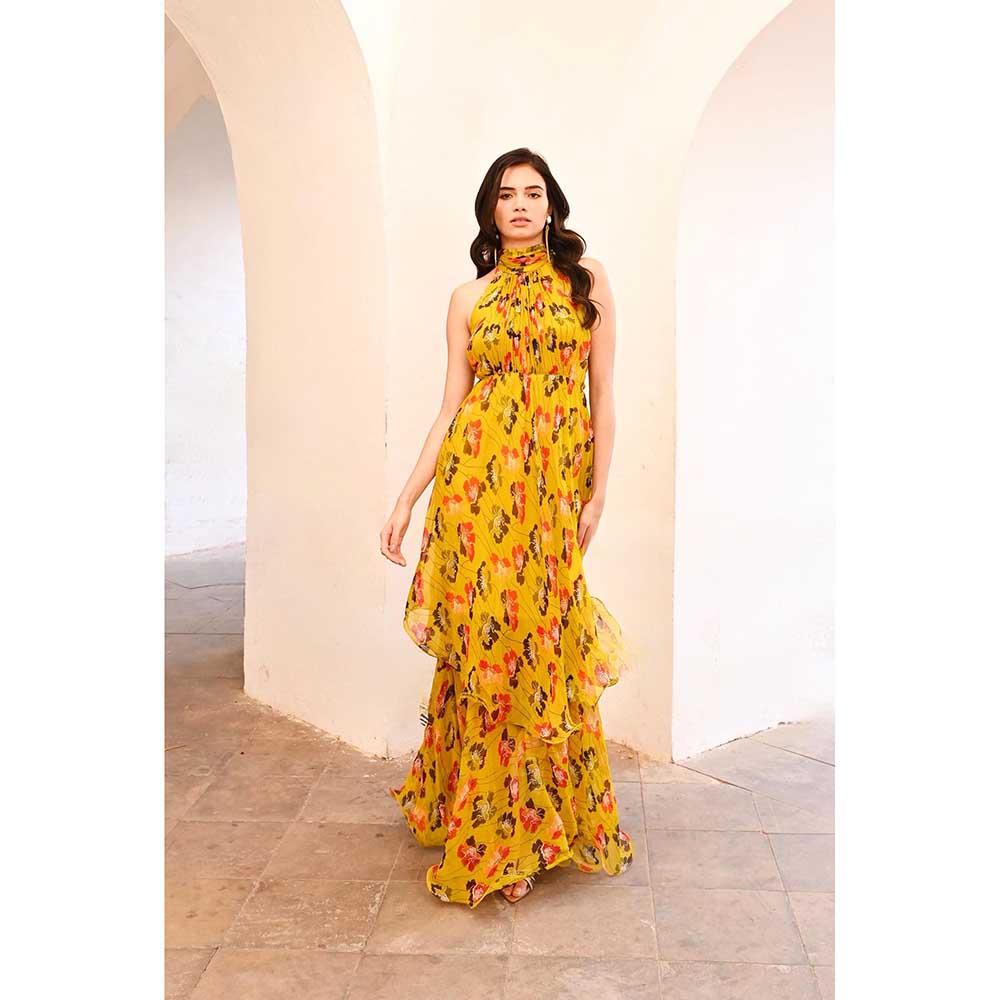 PALLAVI JAIPUR Gulbahar Bumble Bee Yellow Halter Maxi Dress