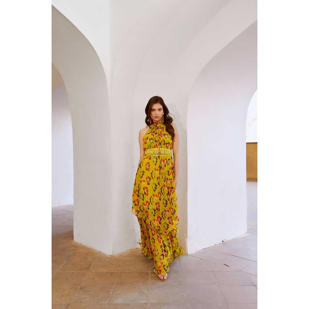PALLAVI JAIPUR Gulbahar Bumble Bee Green Halter Maxi Dress With Belt (Set of 2)