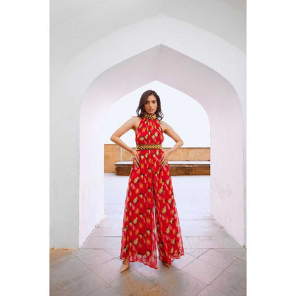 PALLAVI JAIPUR Gulbahar Chilly Red Bell Jumpsuit With Belt (Set of 2)