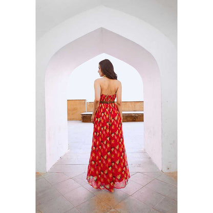 PALLAVI JAIPUR Gulbahar Chilly Red Bell Jumpsuit With Belt (Set of 2)