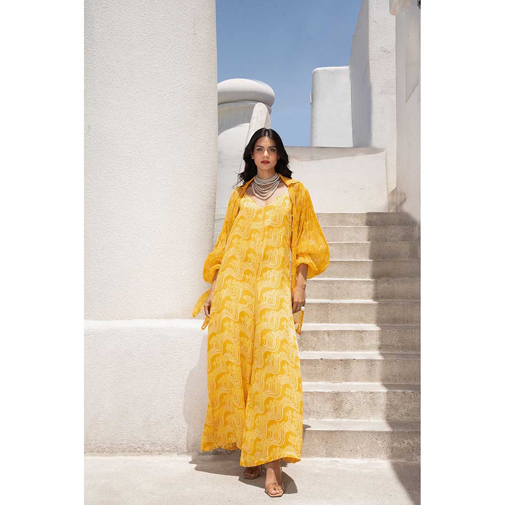 PALLAVI JAIPUR Gulbahar Marigold Yellow Jumpsuit With Loose Balloon Shirt (Set of 2)