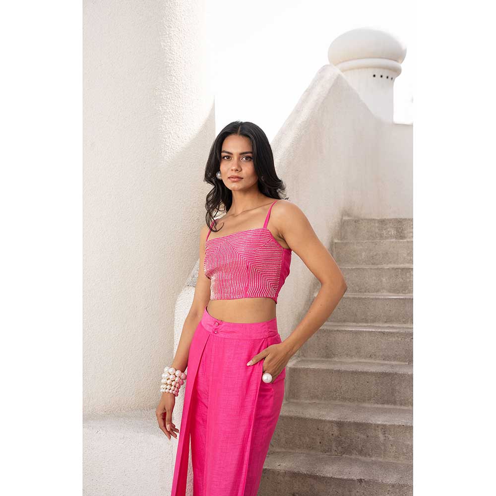 PALLAVI JAIPUR Gulbahar Hot Pink Baandee Crop Top With Flutter Pant & Jacket (Set of 3)