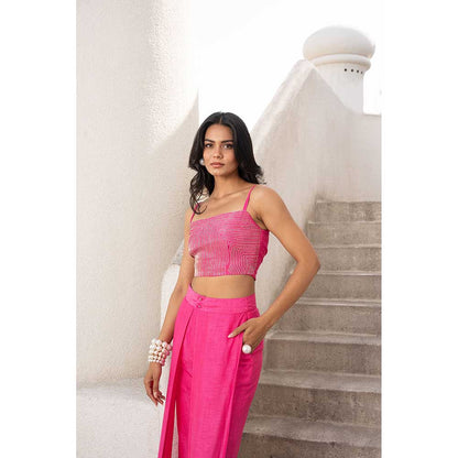 PALLAVI JAIPUR Gulbahar Hot Pink Baandee Crop Top With Flutter Pant & Jacket (Set of 3)