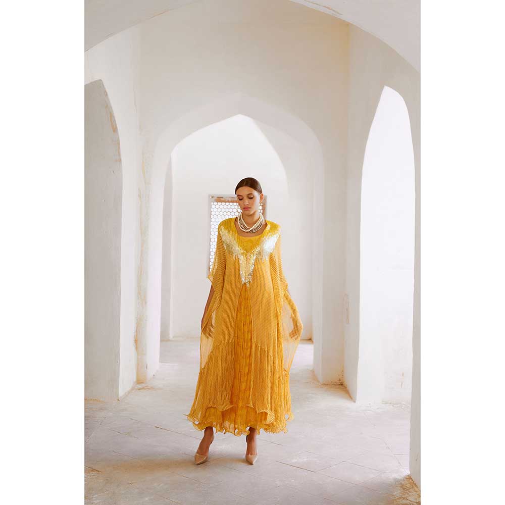 PALLAVI JAIPUR Gulbahar Marigold Yellow Bling Maxi Dress With Kaftan (Set of 2)