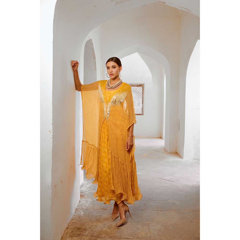PALLAVI JAIPUR Gulbahar Marigold Yellow Bling Maxi Dress With Kaftan (Set of 2)