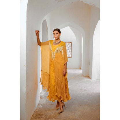 PALLAVI JAIPUR Gulbahar Marigold Yellow Bling Maxi Dress With Kaftan (Set of 2)