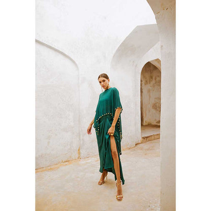 PALLAVI JAIPUR Gulbahar Bottle Green Bell Cape & Drape Skirt (Set of 2)