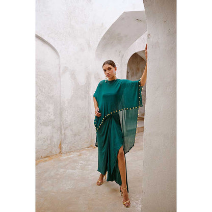 PALLAVI JAIPUR Gulbahar Bottle Green Bell Cape & Drape Skirt (Set of 2)