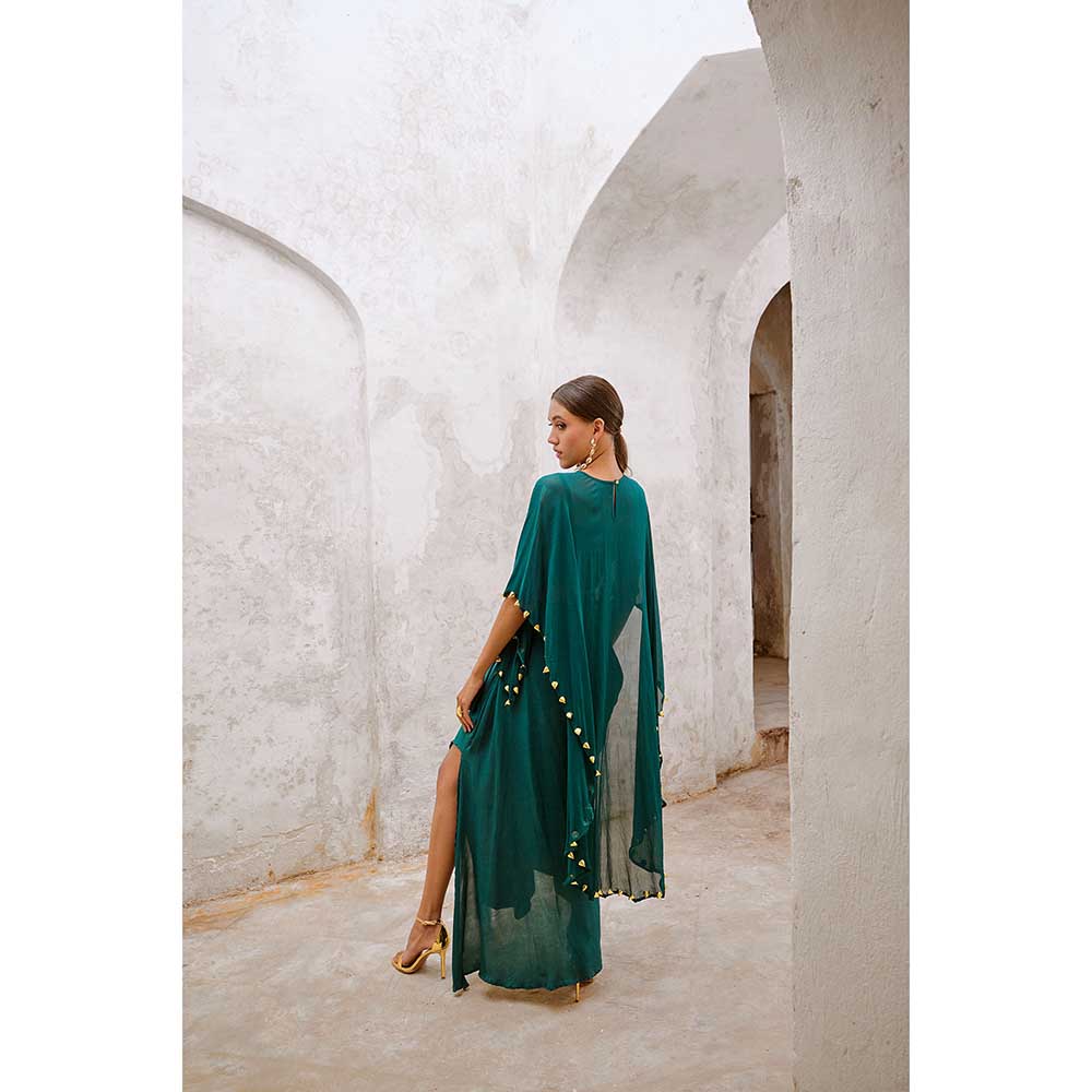 PALLAVI JAIPUR Gulbahar Bottle Green Bell Cape & Drape Skirt (Set of 2)