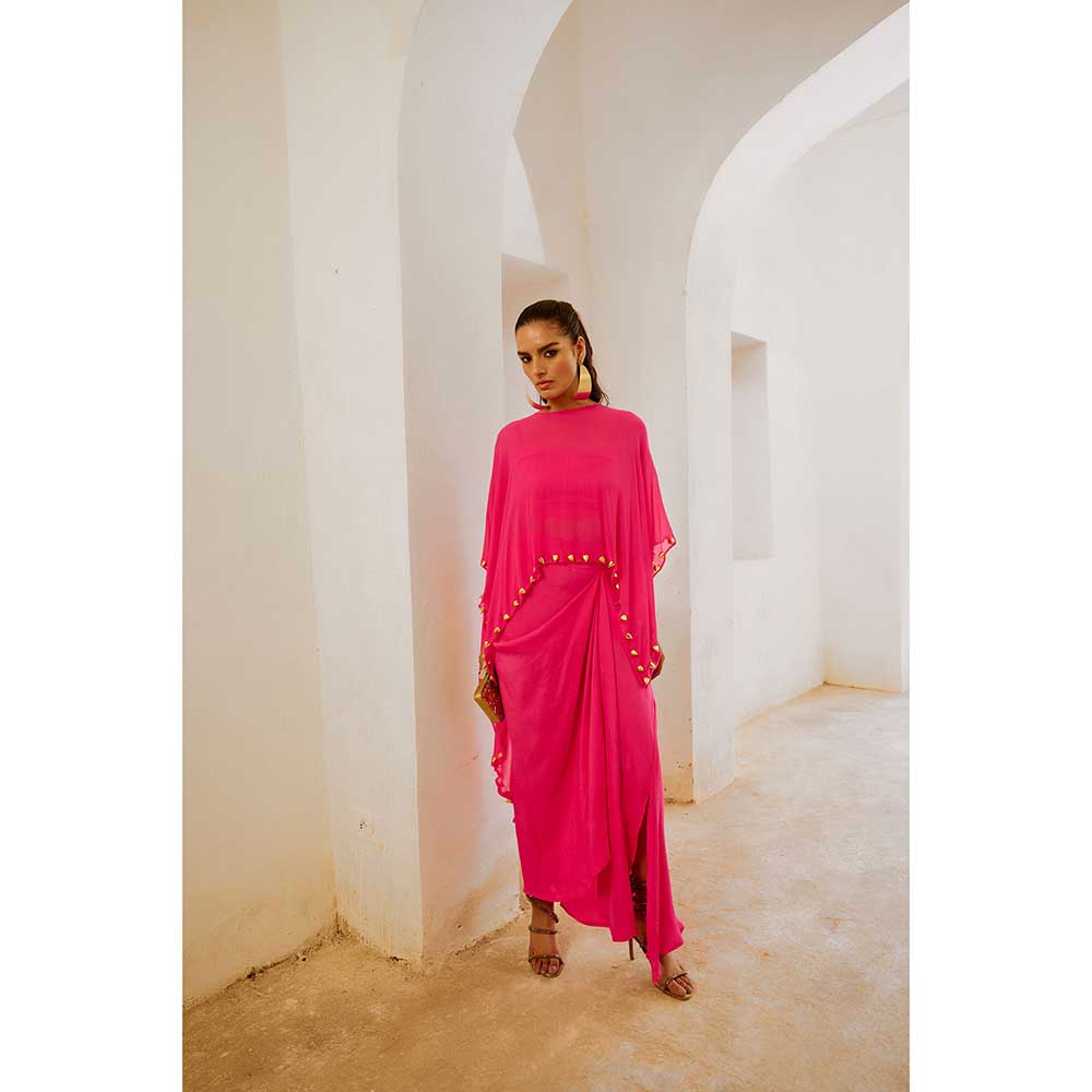 PALLAVI JAIPUR Gulbahar Hot Pink Bell Cape And Drape Skirt Set (Set of 2)