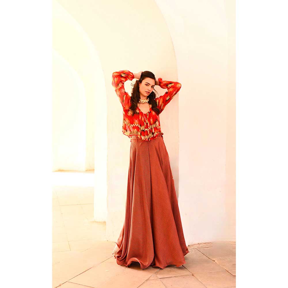 PALLAVI JAIPUR Gulbahar Chilly Red Poppy Boho Top With Skirt & Belt (Set of 3)