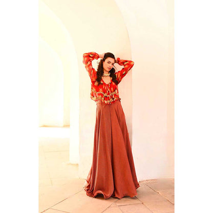 PALLAVI JAIPUR Gulbahar Chilly Red Poppy Boho Top With Skirt & Belt (Set of 3)
