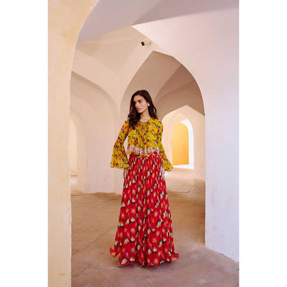 PALLAVI JAIPUR Gulbahar Bumble Bee Boho Top With Chilly Red Chiffon Skirt (Set of 3)