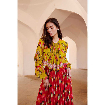 PALLAVI JAIPUR Gulbahar Bumble Bee Boho Top With Chilly Red Chiffon Skirt (Set of 3)