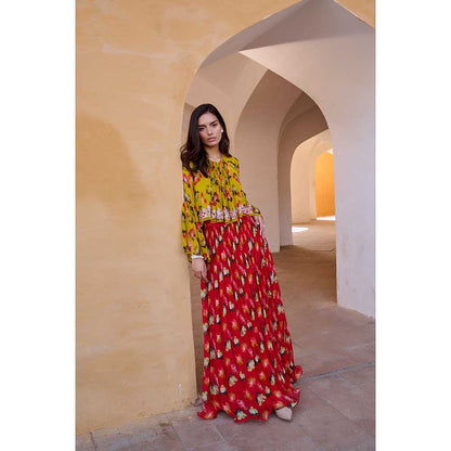PALLAVI JAIPUR Gulbahar Bumble Bee Boho Top With Chilly Red Chiffon Skirt (Set of 3)
