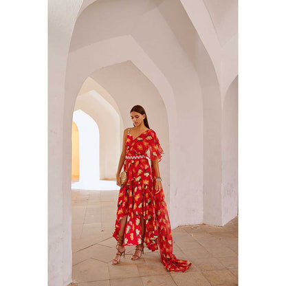 PALLAVI JAIPUR Chilly Red Poppy Gul Midi Dress With Attached Drape & Belt (Set of 2)