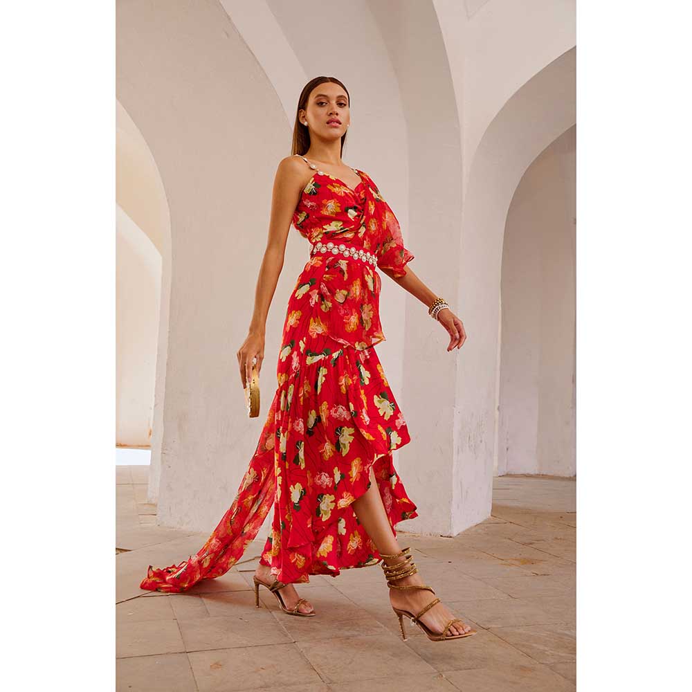 PALLAVI JAIPUR Chilly Red Poppy Gul Midi Dress With Attached Drape & Belt (Set of 2)