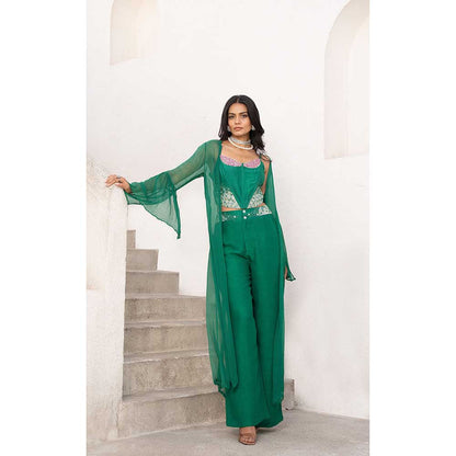 PALLAVI JAIPUR Gulbahar Basil Green Mirror Crop Top With Pant & Jacket (Set of 3)