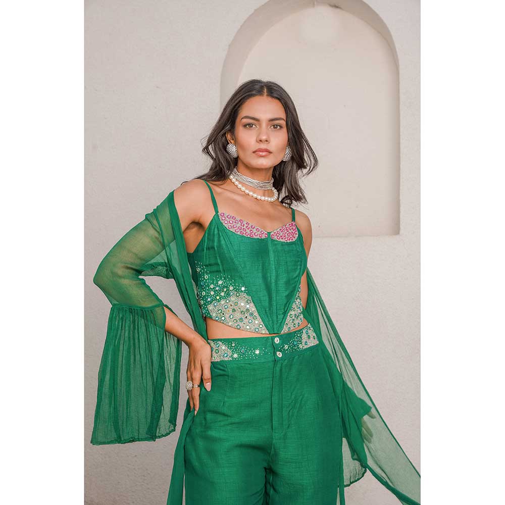 PALLAVI JAIPUR Gulbahar Basil Green Mirror Crop Top With Pant & Jacket (Set of 3)