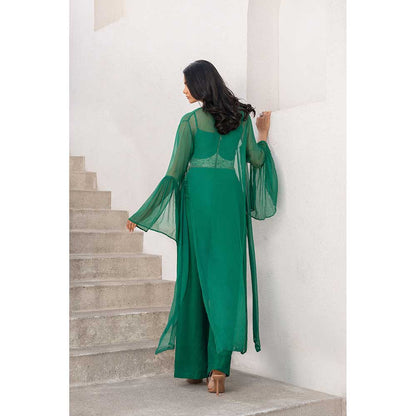 PALLAVI JAIPUR Gulbahar Basil Green Mirror Crop Top With Pant & Jacket (Set of 3)