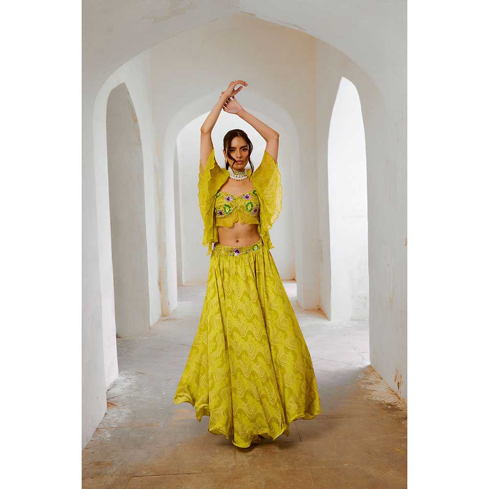 PALLAVI JAIPUR Gulbahar Lemon Green Butterfly Boho Blouse With Skirt (Set of 2)
