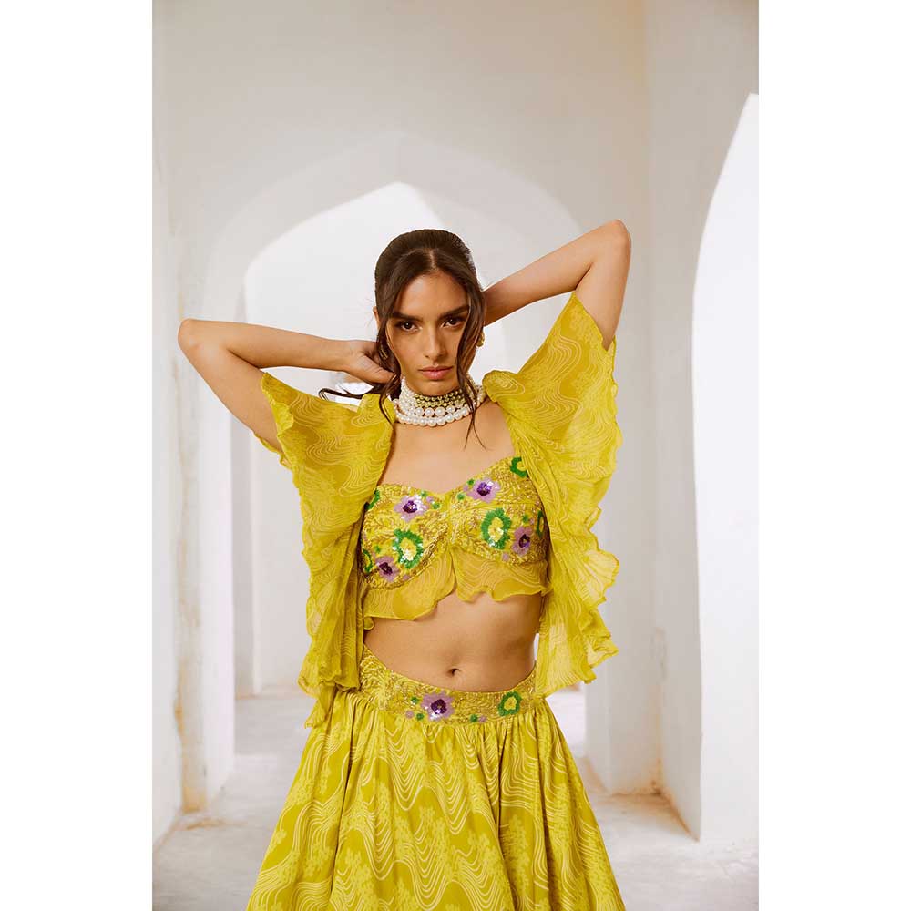PALLAVI JAIPUR Gulbahar Lemon Green Butterfly Boho Blouse With Skirt (Set of 2)