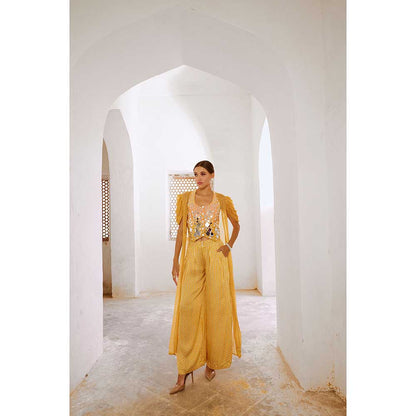 PALLAVI JAIPUR Gulbahar Daisy Yellow Sheesha Koti With Chiffon Jacket & Palazzo (Set of 3)