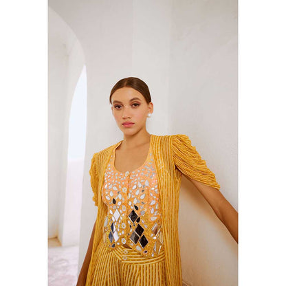 PALLAVI JAIPUR Gulbahar Daisy Yellow Sheesha Koti With Chiffon Jacket & Palazzo (Set of 3)