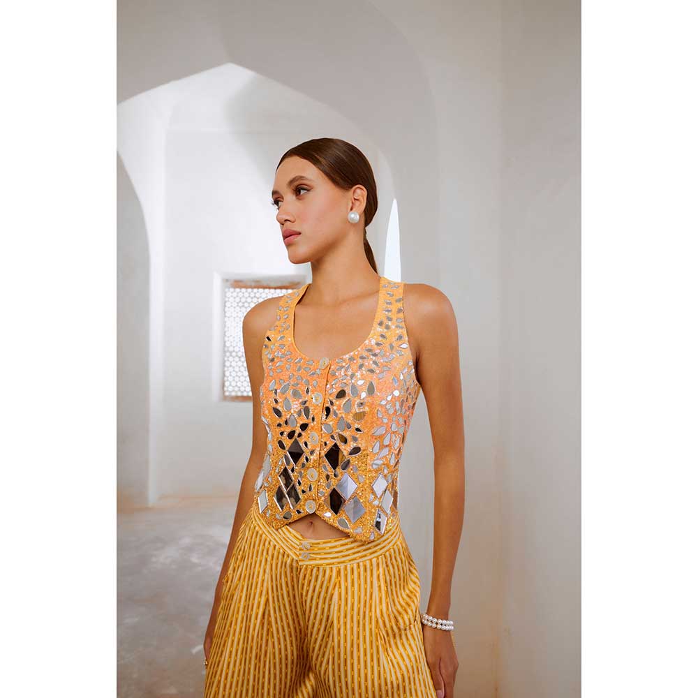 PALLAVI JAIPUR Gulbahar Daisy Yellow Sheesha Koti & Loose Palazzo (Set of 2)