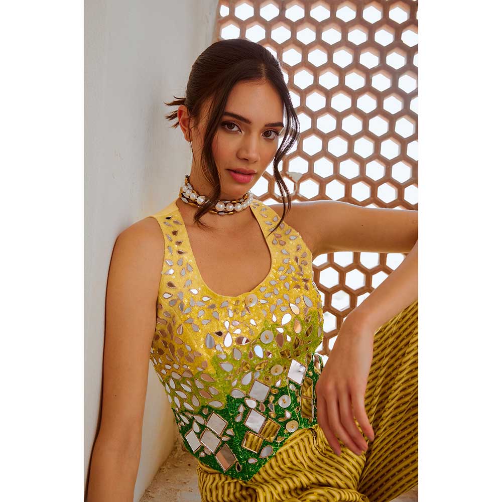 PALLAVI JAIPUR Gulbahar Lemon Green Sheesha Koti & Loose Palazzo (Set of 2)