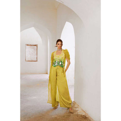 PALLAVI JAIPUR Gulbahar Lemon Green Sheesha Koti With Chiffon Jacket & Palazzo (Set of 3)